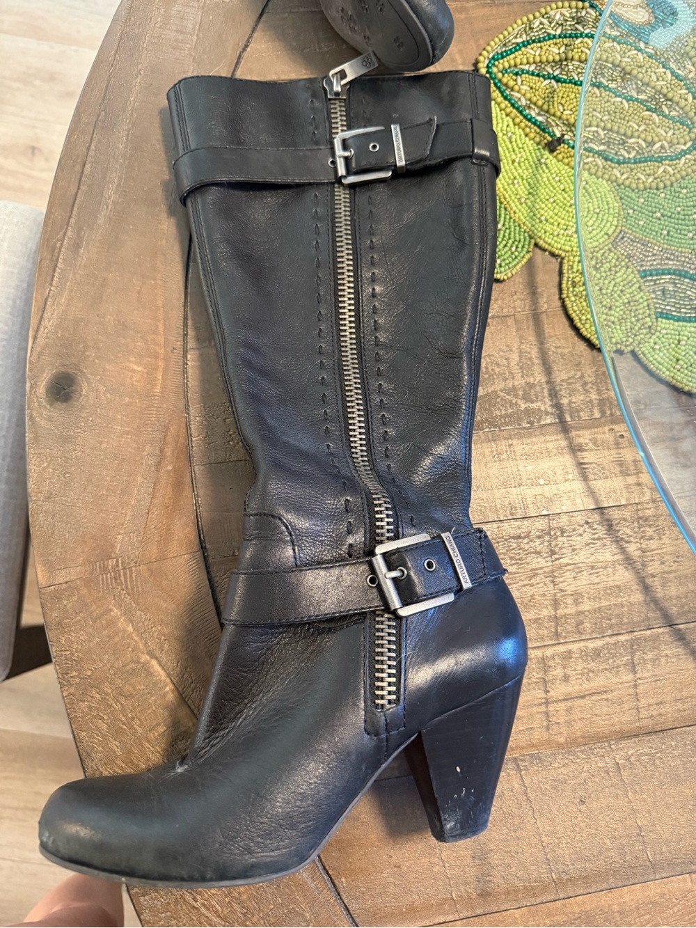 Arturo Chiang Black Leather Mid-Calf Heeled Buckle Boots